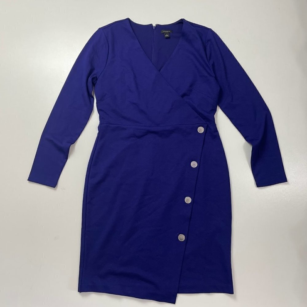 Ann Taylor Dress Midnight Regatta Blue Faux Wrap Button Asymmetrical Wedding 6